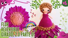 a crocheted doll is standing next to a pink flower with the words flor reversible grasol 2 0 - o - parte on it