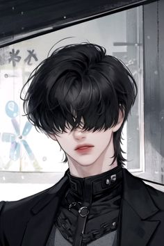 an anime character with black hair wearing a suit