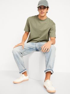 rib-knit crew neck short sleeves online exclusive loose fit hits below waist model is approx.  6'1" and wears size mmachine wash according to the care instruction label White Lilies, Jack Black, Neck T Shirt, Rib Knit, Old Navy, Loose Fitting, Short Sleeves, Crew Neck, Navy