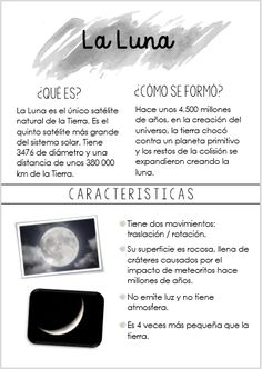 an image of the moon in spanish with other words and pictures on it, as well as