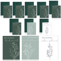 a set of nine cards with different designs and envelopes, all in shades of green