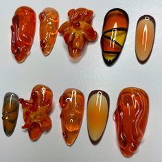 custom set for Florine 🧡 shape : Almond M credit : @myprettyset nail art niveau 4 #pressonnails #nails #nailart #3dnails #3dflowernails #orangenails #jellynails #summernails #nailartist #nailinspo #nailideas Scorpion Nails, Bend And Snap, 3d Flower Nails, Jelly Nails, Crystal Nails, Acrylic Nails Coffin, Orange Nails, Pretty Acrylic Nails