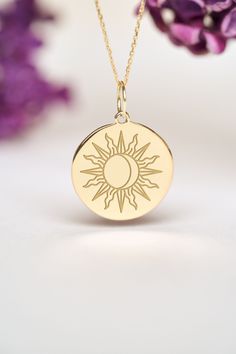 Our 14k Solid Gold Moon and Sun Necklace can be personalized with a custom engraving on the back of the pendant. It's a very nice gift for Birthdays, Anniversaries and Weddings. Moon represents calmness, beauty and nurturing while sun represents  life, energy and power. ● 14K SOLID GOLD ● FREE BACK SIDE PERSONALIZATION ● FREE PRIORITY SHIPPING ( 1-3 DAYS DELIVERY) ● Inner diameter of the jump ring is 4mm ● Pendant thickness is 0.5mm 🇺🇸 All items are HANDMADE IN USA 🇺🇸 All materials are sourc Sun And Moon Design Medallion Necklace For Gift, Laser Engraved Symbolic Round Jewelry, Medallion Jewelry With Sun And Moon Design As Gift, Sun And Moon Design Medallion Jewelry As Gift, Sun And Moon Design Medallion Jewelry Gift, Yellow Gold Charm Necklaces With Sun And Moon Design, Celestial Engraved Round Pendant Charm Necklaces, 14k Gold Moon Charm Necklace For Gift, Sun And Moon Design Charm Necklaces