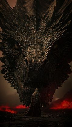 the poster for game of thrones shows a giant dragon with its head in flames