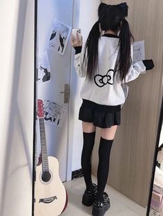 Mix of Kuromi and Butterfly. There’s a cute bow on the back waist. How do you style this sweater?   Material: Thickened knit cotton Color: Black white Size: S, M, L Unit: CM Top Length Bust Sleeve S 60 54 48 M 62 56 49 L 64 58 50  * 1cm ≈ 0.3937 inchThere may be 2-3cm error due to manual measurement.Please kindly remin Trendy School Skirt For Fall, Trendy Fall Skirt For School, Harajuku Style Mini Skirt For Winter, Winter Harajuku Mini Skirt, Trendy Winter School Skirt, Winter School Cotton Skirt, Winter Cotton School Skirt, Trendy Winter Skirt For School, Fall School Uniform Tennis Skirt