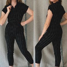 This is a vintage black and white pin stripe rayon jumpsuit by Prizms from the 1980s. The jumpsuit is perfect for everyday wear and has a disco look. It is an original piece and is made of 100% rayon material. The size is a women's small and it was manufactured in the United States. The jumpsuit is ideal for vintage lovers and is a unique addition to any wardrobe. Era: 1980s Brand/maker: prizms  Fabric content: 100% rayon, unlined. Shoulder pads Condition: excellent vintage condition, see photos Striped Fitted Jumpsuit With Short Sleeves, Striped Fitted Short Sleeve Jumpsuits And Rompers, 80s Jumpsuit, Look Disco, Disco Look, Blue Strawberry, Bleu Violet, Jungle Print, Vintage Lover