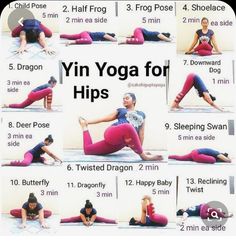 a woman doing yoga poses with the words yin yoga for hipss written below it