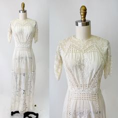 *Intricate white mixed lace lawn dress *Hand embroidered panels *Hooks and snaps up the back Measurements: Bust: 35" Waist 27" Hip 45" Shoulder to Hem: 52" Excellent condition.  From the Dolores O. Luckow estate. Please go by your own measurements, not how it looks on the mannequin, some dresses may be pinned in the back to fit the mannequin. If you purchase multiple items, we love to combine shipping to save you money! Please check our shop policies for shipping info. We are more than happy to Victorian Garden Party Summer Dress, Victorian Spring Dress With Lace Work, Spring Victorian Dress With Broderie Anglaise, Fitted Broderie Anglaise Lace Dress For Summer, Summer Fitted Lace Dress With Broderie Anglaise, Fitted Broderie Anglaise Lace Dress, Summer Fitted Lace With Lace Sleeves, Victorian Style Summer Wedding Dress, Fitted Lace Sleeves For Summer