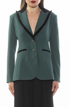 Elevate your professional wardrobe with a three-button crepe blazer fashioned with peaked lapels and soft contrast piping for polished style. 28 1/2" length Three-button closure Peaked lapels Four-button cuffs Front welt pockets Back vent Lined 97% polyester, 3% spandex Machine wash, line dry Imported Classic Tailored Blazer With Contrast Trim, Elegant Workwear Blazer With Contrast Trim, Elegant Blazer With Contrast Trim For Work, Classic Blazer With Contrast Trim For Fall, Classic Fall Blazer With Contrast Trim, Fitted Blazer With Contrast Trim For Work, Fall Blazer With Contrast Trim For Work, Classic Tailored Outerwear With Contrast Trim, Elegant Long Sleeve Blazer With Contrast Trim