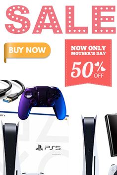 an advertisement for the playstation sale with video game controllers and other items in front of it