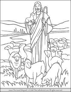 jesus with his sheep and lambs in the field coloring page for children to color