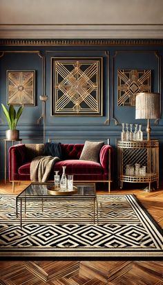 a living room with blue walls and gold accents on the wall, red velvet couches