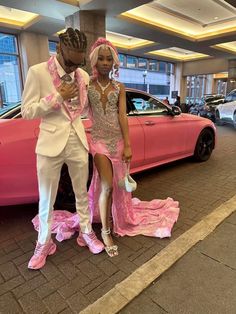 Hot Pink Prom Dress With Gray Suit, Pink Prom Ideas Black Couples, Pink And Brown Prom Couple, Pink Prom With Date, Pink Prom Black Couple, Prom Suit And Dress Combo, Prom Couples Outfits Pink, Black And Pink Prom Couple, Pink Prom Suits For Men