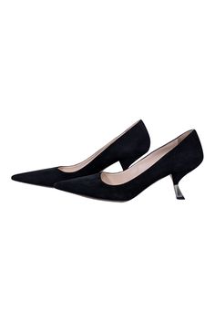 Look and feel like a boss babe in these Prada kitten heel pumps! The timeless black suede and silver heel trim design add a touch of refinement to these heels, making them the perfect match for a sharp and stylish pencil skirt or dress pants. With these shoes, you'll exude confidence and boss-like flair at every step! Size 8 (IT 38) Made in Italy Suede upper Leather sole and lining Pointed toe Minor wear on suede and soles Heel height 3" Suede Kitten Heels With Sculpted Heel For Work, Classic Pointed Toe Heels With Metal Feet, Classic Heels With Pointed Toe And Metal Feet, Classic Suede Kitten Heels With Pointed Toe, Formal Suede Kitten Heels With Deep Heel Cup, Formal Suede Court Shoes With Contrasting Heel, Elegant Suede Kitten Heels For Office, Sleek Formal Suede Heels, Evening Suede Court Shoes With Sculpted Heel