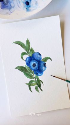 watercolor blueberries Easy Paintings With Watercolor, Water Colour Art Flower, Blueberry Watercolor Painting, Simple Flowers Watercolor, Cute Watercolor Painting Ideas, Small Watercolor Ideas, Easy Diy Watercolor Paintings, Blue Berries Drawing, Painting With Watercolors For Beginners