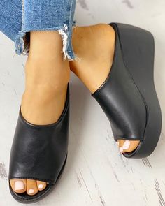 White Block Heels, Top Women Shoes, Black Wedge Shoes, Style Converse, Black Wedge, Black Wedge Sandals, Platform Wedge Sandals, Trend Fashion