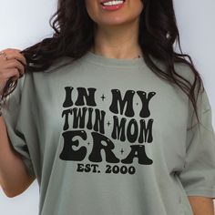 Personalized Twin Mom Comfort Colors Shirt is the perfect gift for any twin mom for Mother's Day, her Birthday, or Christmas!  In the personalization box, enter the year you became a mom (Ex: 2000) This shirt runs true to size.  If you want an oversized look, please order one size up.  If you want the oversized dress look, please size up two sizes. Short Sleeve: This is made with a 1717 Comfort Colors, garment-dyed t-shirt. Made with 100% ring-spun cotton, soft-washed, and garment-dyed fabric br Step Mom Gifts, Trendy Mom, Twin Mom, Oversized Dress, Step Moms, Dye T Shirt, Mother Day Gifts, Mom Shirts, Comfort Colors