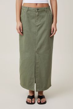 Ryder Utility Maxi Skirt Green Cotton Skirt With Pockets, Relaxed Fit Cotton Skirt With Pockets, Casual Green Cotton Cargo Skirt, Cotton Midi Skirt With Pockets, Green Cotton Maxi Skirt, Casual Cotton Cargo Skirt For Spring, Fall Cotton Cargo Skirt With Relaxed Fit, Cotton Cargo Skirt With Elastic Waistband For Summer, Spring Cotton Cargo Skirt