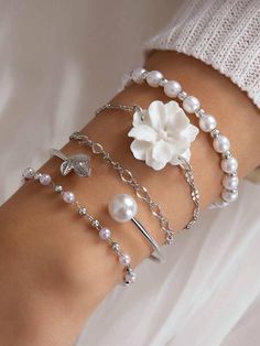 Free Returns ✓ Free Shipping✓. 5pcs Flower & Faux Pearl Decor Bracelet- Women Bracelet Sets at SHEIN. Bracelet Sets, Pearl Decor, Women Bracelet, White Pearl, Pearl Bracelet, Silver Beads, Fashion Online Shop, Womens Jewelry Bracelets, Bracelet Set