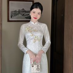 Very Elegant Elegant Luxury Full-length Ao Dai, Luxury Floor-length Elegant Ao Dai, Festive White Long Ao Dai, Elegant Long White Ao Dai, Luxury Floor-length Women's Ao Dai, Dress Embroidery, Embroidery Dress, Ivory White, Pants Color