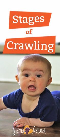 a baby laying on the floor with an orange sign above it that says stages of crawling