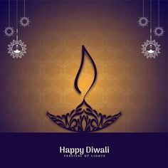 happy diwali greeting card with hanging lights and ornamental design on purple background for festival