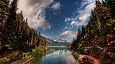 a lake surrounded by trees and mountains under a cloudy blue sky with white puffy clouds