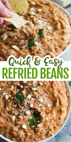 a hand dipping a tortilla chip into a bowl of refried beans