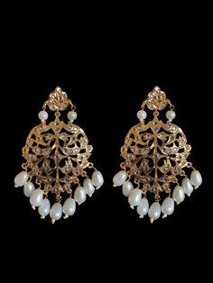 Rani haar with earrings made using shell pearls with cz polki and gold plating length of Rani haar on each side 14.5 inch Elegant Bridal Earrings With Stone Work And Pearl, Festive Pearl Bridal Earrings With Stone Work, Elegant Pearl Bridal Earrings With Stone Work, Elegant Kundan Pearl Earrings With Stone Work, Bollywood Style Pearl Bridal Earrings For Festive Occasions, Festive Pearl Bridal Earrings With Tilla, Elegant Kundan Chandbalis With Pearl Drop, Elegant Pearl Chandbali Bridal Earrings With Tilla, Traditional Pearl Embellished Earrings