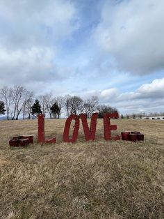 the word love is made out of red letters in an open field with trees and grass