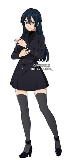 an anime character with long black hair and boots, standing in front of a white background