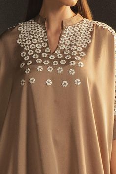 Buy Beige Satin Embroidery Band Collar Asymmetric Kaftan Tunic For Women by Namrata Joshipura Online at Aza Fashions. Arabic Dress, Embroidery On Kurtis, Front Hair Styles, Beautiful Dress Designs