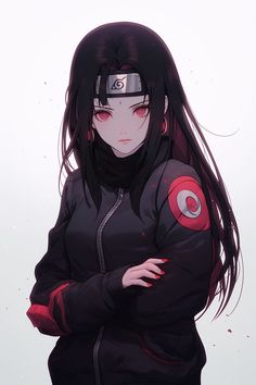 an anime character with long black hair and red eyes standing in front of a white background