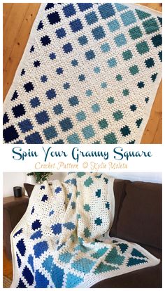 a crocheted afghan is shown with the words spin your granny square on it