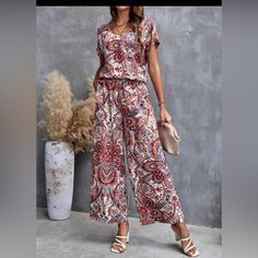 Cute And Casual Pants Set. New With Tags. Casual Paisley Print Jumpsuits And Rompers For Summer, Casual Summer Paisley Print Jumpsuits And Rompers, Casual Paisley Print Jumpsuit For Summer, Casual Paisley Print Jumpsuits And Rompers For Spring, Casual Spring Jumpsuits And Rompers With Paisley Print, Casual Red Bottoms With Paisley Print, Casual Red Printed Pants, Summer Paisley Print Loungewear Pants, Red Bohemian Pants With Floral Print