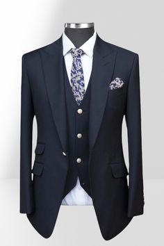 Discover Brady Navy Blue Slim Peak Collar Three Piece Wedding Suit | Gold Jacquard Buttons with bradymensuit. Shop for a range of Dark Navy Peaked Lapel men's suits for every occasion with rush order service in cheap price. Royal Fitted Tuxedo For Formal Occasions, Royal Fitted Tuxedo For Formal Events, Blue Three-piece Suit For Ceremony, Blue Tuxedo Blazer For Ceremonies, Blue Tuxedo Style Blazer For Ceremonies, Fitted Notch Lapel Suit For Ceremony, Blue Three-piece Wedding Suit In Suiting Fabric, Blue Three-piece Wedding Suit, Blue Wedding Blazer In Suiting Fabric