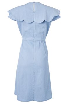 The Aida Dress is a versatile and stylish choice for any occasion. Made from a comfortable and stretchy light blue solid cotton blend fabric, this dress features a V-shaped neckline with an oversized scalloped collar, short fitted sleeves, and a knee length skirt. The hidden back zipper and non-functional buttons add a touch of detail to the classic design. Perfect for day or night, this dress offers a flattering fit and effortless elegance Light Blue Knee-length Cotton Dress, Light Blue Cotton Midi Dress With Ruffles, Light Blue Cotton A-line Midi Dress, Ivy City Co, Scalloped Collar, City Woman, Fitted Sleeves, Blue Solid, Effortless Elegance