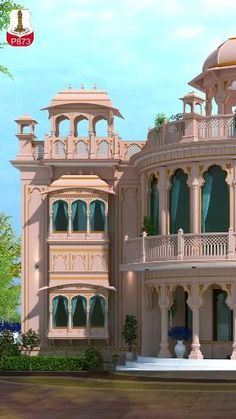 a large pink building with lots of windows and balconies on the top floor