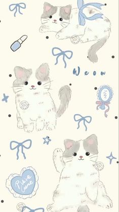 two cats with blue bows and hearts on a white background, one cat is laying down