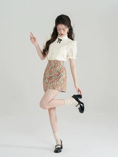 ❤Little Ribbon Summer Girly Top + Flower Skirt❤︎ Girly Tops, Sweet Top, Flower Skirt, Flower Tops, Stand Collar, Short Sleeve Shirt, Sense, Womens Shirts, Spring Summer