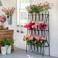 several flower pots are arranged on a shelf in front of a white brick wall and window