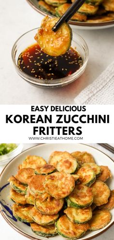 korean zucchini fritters on a plate with dipping sauce