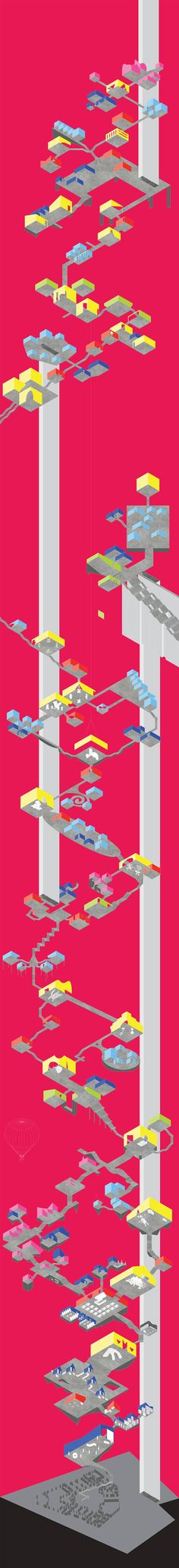 an abstract poster with multiple lines and shapes on it's side, against a pink background