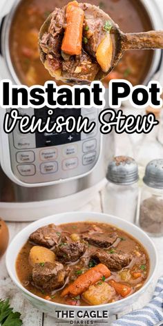 instant pot venison stew in front of an instant pot