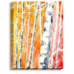 an abstract painting of trees with orange and yellow leaves