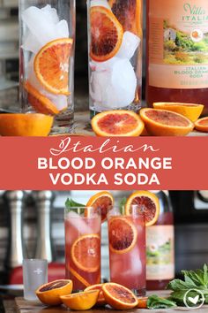 blood orange vodka with ice and garnishes in glass bottles on a wooden table