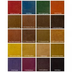 the color chart for different shades of wood and leathers, including red, orange, yellow