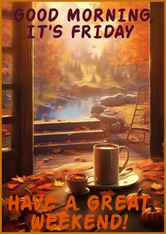 a coffee cup sitting on top of a table next to a window with autumn leaves