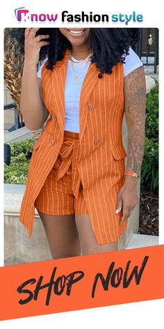 Orange Fashion Casual Striped Print Cardigan Sleeveless Two Pieces Patchwork Cardigan, Striped Two Piece, Two Piece Short Set, Plus Size Two Piece, Khaki Fashion, Sleeveless Cardigan, Blazer And Shorts, Turndown Collar, Casual Stripes