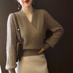 Limiguyue French Luxury Twist Knit Pullover Autumn Winter Design V-neck Cross Thick Sweater Women Thick Sweater, French Luxury, Winter Design, Thick Sweaters, Women Sweater, Sweater Women, Knit Pullover, Office Lady, Lantern Sleeves